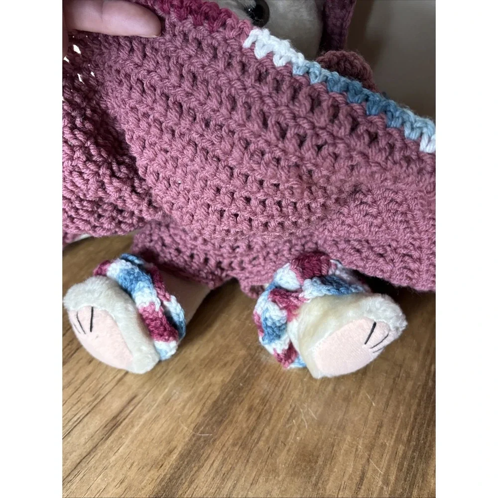 Bear In Handmade Crochet Dress W/ Hat Bear Has Movable Arms & Legs